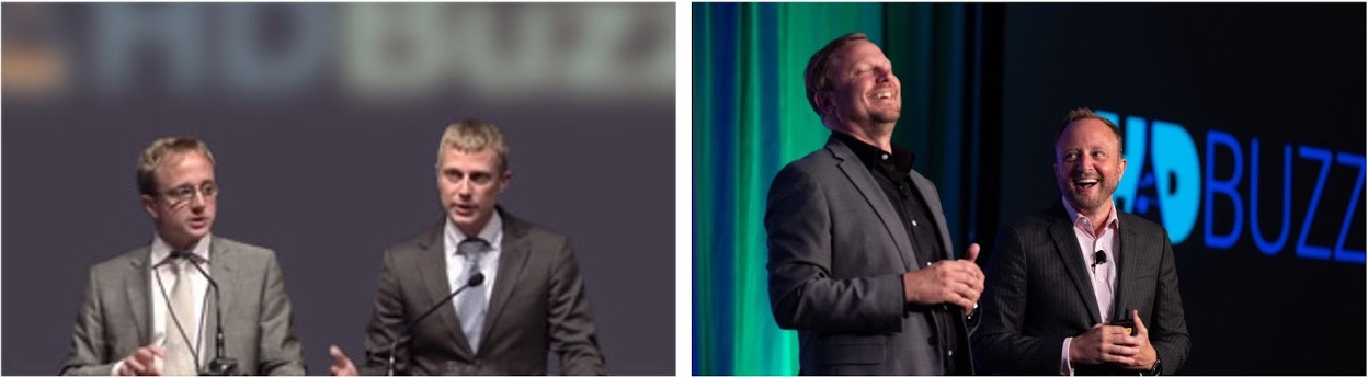 Antes e agora: Ed e Jeff em 2011, numa das suas primeiras apresentações como HDBuzz (à esquerda), e mais tarde, em 2023, numa convenção da HDSA (à direita).