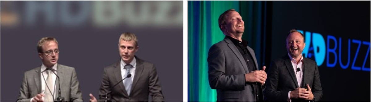 Antes e agora: Ed e Jeff em 2011, numa das suas primeiras apresentações como HDBuzz (à esquerda), e mais tarde, em 2023, numa convenção da HDSA (à direita).  